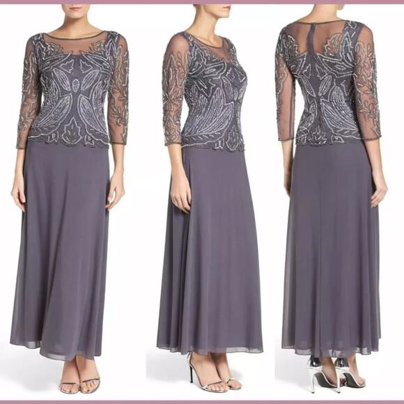 Pisarro Nights Beaded Embellished Grey Blue Mesh Gown - Picture 1 of 7